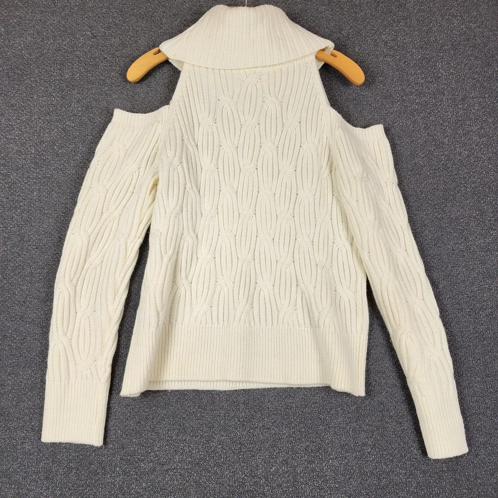 Anthropologie Cold Shoulder Cable Knit Sweater Cream White Wool Blend Small - Picture 8 of 11